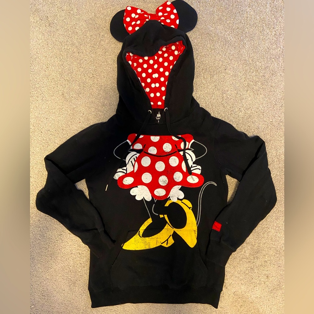 DISNEY PARKS ADULT MINNIE MOUSE HOODIE BOW HOODED SWEATER SWEATSHIRT BODY